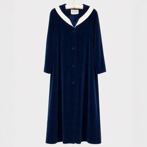 Vintage Blue Velour Robe Long Vanity Fair Womens 16 White Trim Button Housecoat